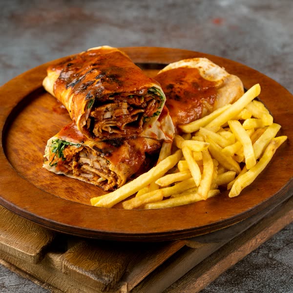 Tabakta dürüm ve patates kızartması